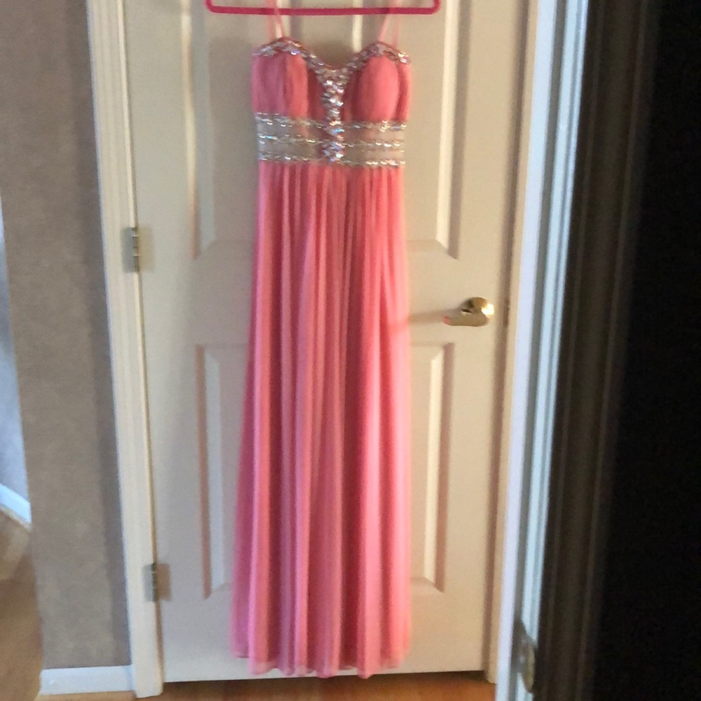 Joanna Chen long peach coral mesh sequin bead gown